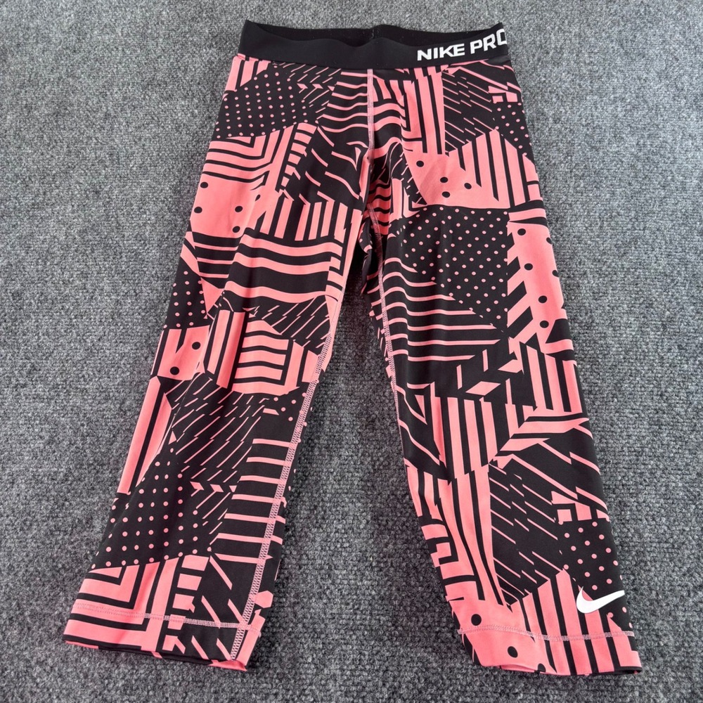 Nike Pro Leggings Womens Size S Pink Black Geometric Crop Training‎ Capri Bright